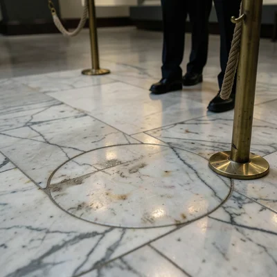 A marble museum floor directly in front of a security guard's standing post, the