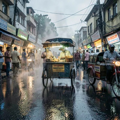 Kinetic density of Dhaka, Bangladesh, Street food vendor's cart reflected in wet