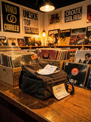 Record bag on counter — haul visible