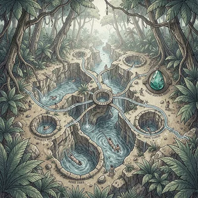 A Mayan jungle-cenote network map with sacred sinkholes connected by underground