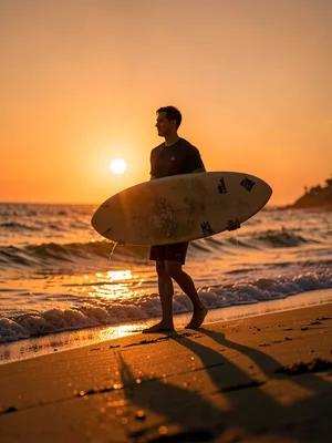 Surfer carrying board at sunset