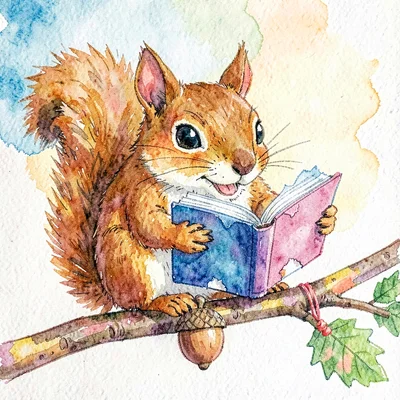 A friendly squirrel reading a torn-paper book on a crayon branch with paper acor