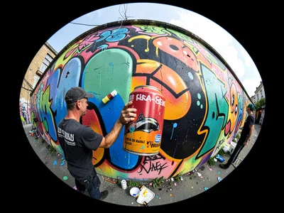 Graffiti artist spraying wall that curves away in both directions, paint can in 