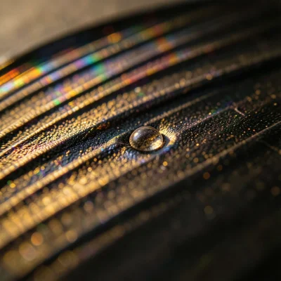 Vinyl pressing defect, tiny bubble in PVC visible as smooth dome interrupting gr