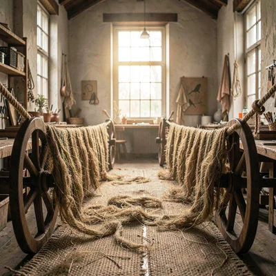 Atmospheric workshop interior of a long ropewalk with hemp fibers stretched betw