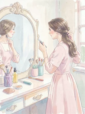 Woman brushing hair at vanity