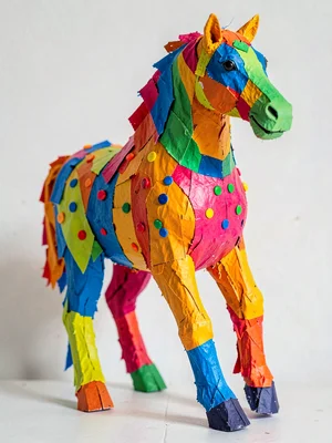 A finished papier-mâché horse figure painted in bold solid colors with decorativ