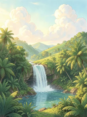 Jungle waterfall cascading into natural pool, lush tropical vegetation