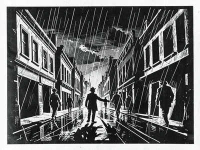 City street in heavy rain, figures as slashed angular shadows under a dark sky
