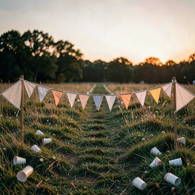 Atmospheric photo of a finish-line meadow at dusk after the run with bunting dro