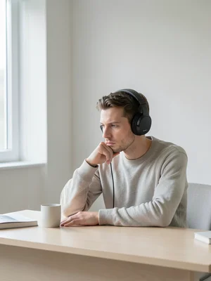 Single person deep in thought at a tidy desk, natural light, noise-canceling hea