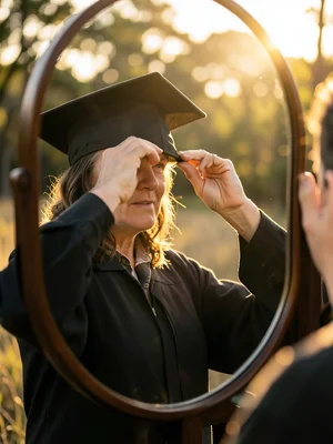 Graduate adjusting cap in mirror reflection, getting ready, anticipation