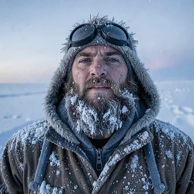 Arctic conditions photograph, extreme cold environment, A bearded man in layers 