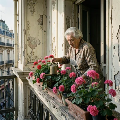 Buenos Aires faded grandeur, belle époque decay, A elderly woman watering plants