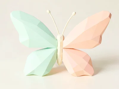 Winged cream lowpoly butterfly with chunky pastel wing panels in mint and peach,
