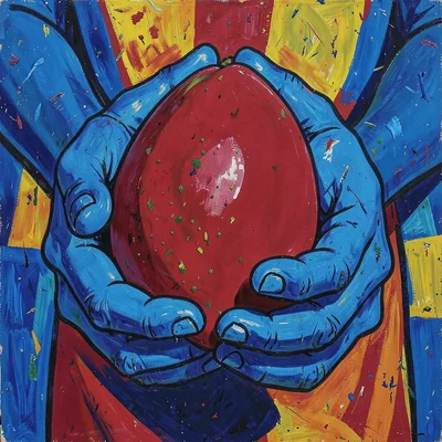 Close-up of hands holding a mango — skin in arbitrary blue, fruit in flat crimso