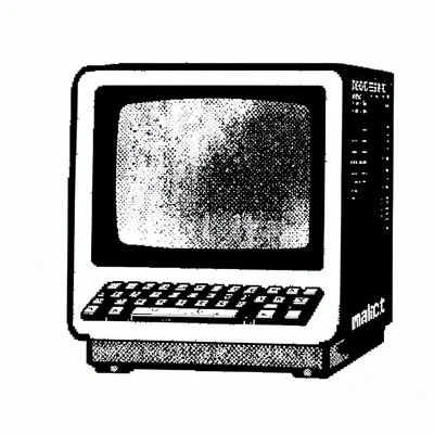 1-bit dithered illustration, old computer with screen , black and white only, di