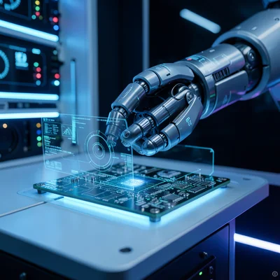 Close-up of a robotic arm assembling a circuit board in a clean room, blue ambie