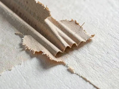 Cardboard-flute corrugation revealed through torn kraft skin in a slow pull expo
