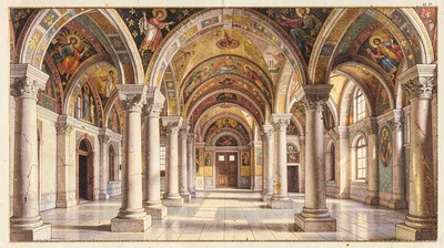 Egg tempera illustration, arched monastery cloister , yolk-bound pigment, gold l