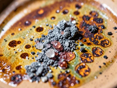 Wood-fired natural ash deposit, where ember ash landed on pot creating random gl