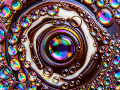 Macro of chocolate tempering, swirling dark and milk chocolate creating marble p
