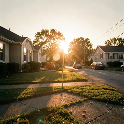 Suburban tract homes gilded by the last twenty minutes of sunlight