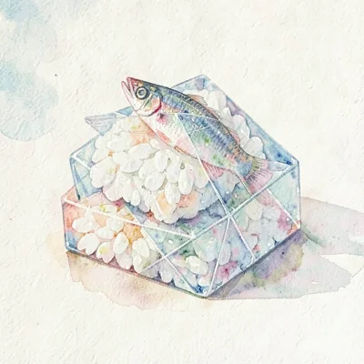 Refracted ice-clear lowpoly mound of sushi with a small transparent fish slice o