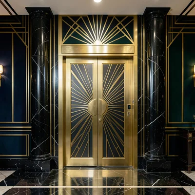 An elevator door in polished brass with geometric sunburst pattern, flanked by b