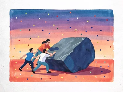 Four small figures push against a single flat-painted boulder rolled against a c