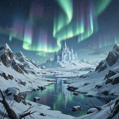 Fantasy environment illustration, a frozen tundra with aurora overhead, ice pala