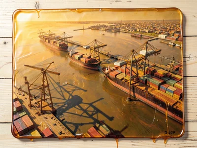 A port city harbor with container ships docked at piers and cranes casting shado
