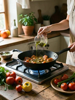 Person pouring olive oil into a cast iron pan on a gas stove, kitchen action