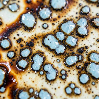 Crystal glaze with large zinc silicate formations, pale blue crystals with dark 