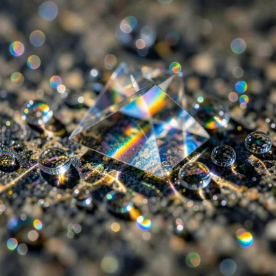 Tight crop of prismatic light dispersed across water droplets on a dark granite 