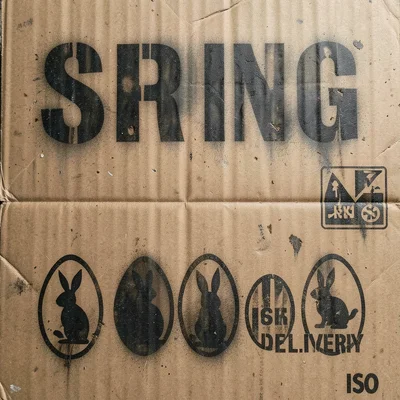 Stenciled Easter graphics on brown kraft paper — egg shapes, rabbit silhouettes,