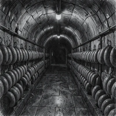 Charcoal drawing of a dim curing cellar with rows of sausages receding into shad