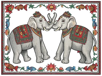 Pair of elephants facing each other, trunks intertwined, decorative blankets on 