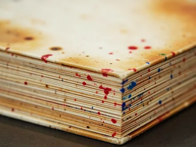 Sprinkled book edge, hand-applied red and blue ink dots on page fore-edge, tradi