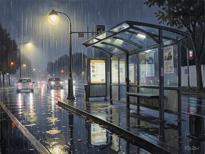Bus stop in rain, impressionist treatment, streetlight halos, wet pavement refle