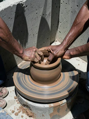 Hands centering wet clay on a spinning pottery wheel, muddy fingers shaping a bo