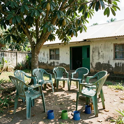 Documentary photograph with Jamaican yard aesthetic, Plastic chairs arranged in 