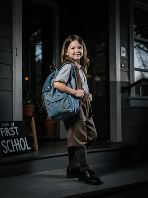 Child posing on front porch with new backpack, first day of school sign