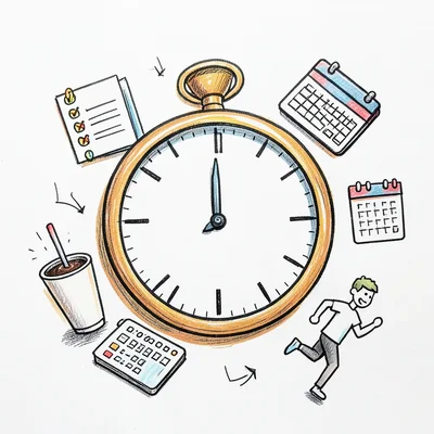 A doodle of a clock face surrounded by productivity icons: checklist, coffee cup