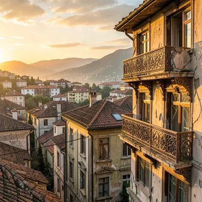 Crumbling Art Nouveau balconies in golden Tbilisi light, view across rooftops sh