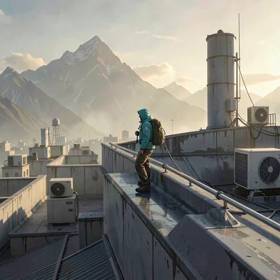 Darius-rooftop atmospheric of a hiker in a teal shell on a windswept ridge at go