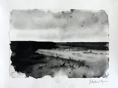 Ghost pull monoprint, faint wiped landscape impression in depleted black oil ink
