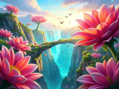 Giant flower petals forming natural bridges over a turquoise canyon, tiny birds 