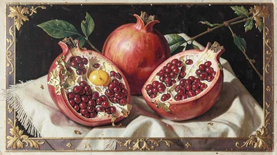 Egg tempera illustration, pomegranates split open on cloth , yolk-bound pigment,