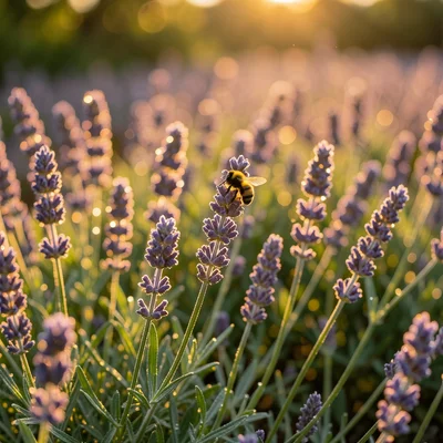 Lavender row in late afternoon, the purple spikes glowing in warm light, a bumbl
